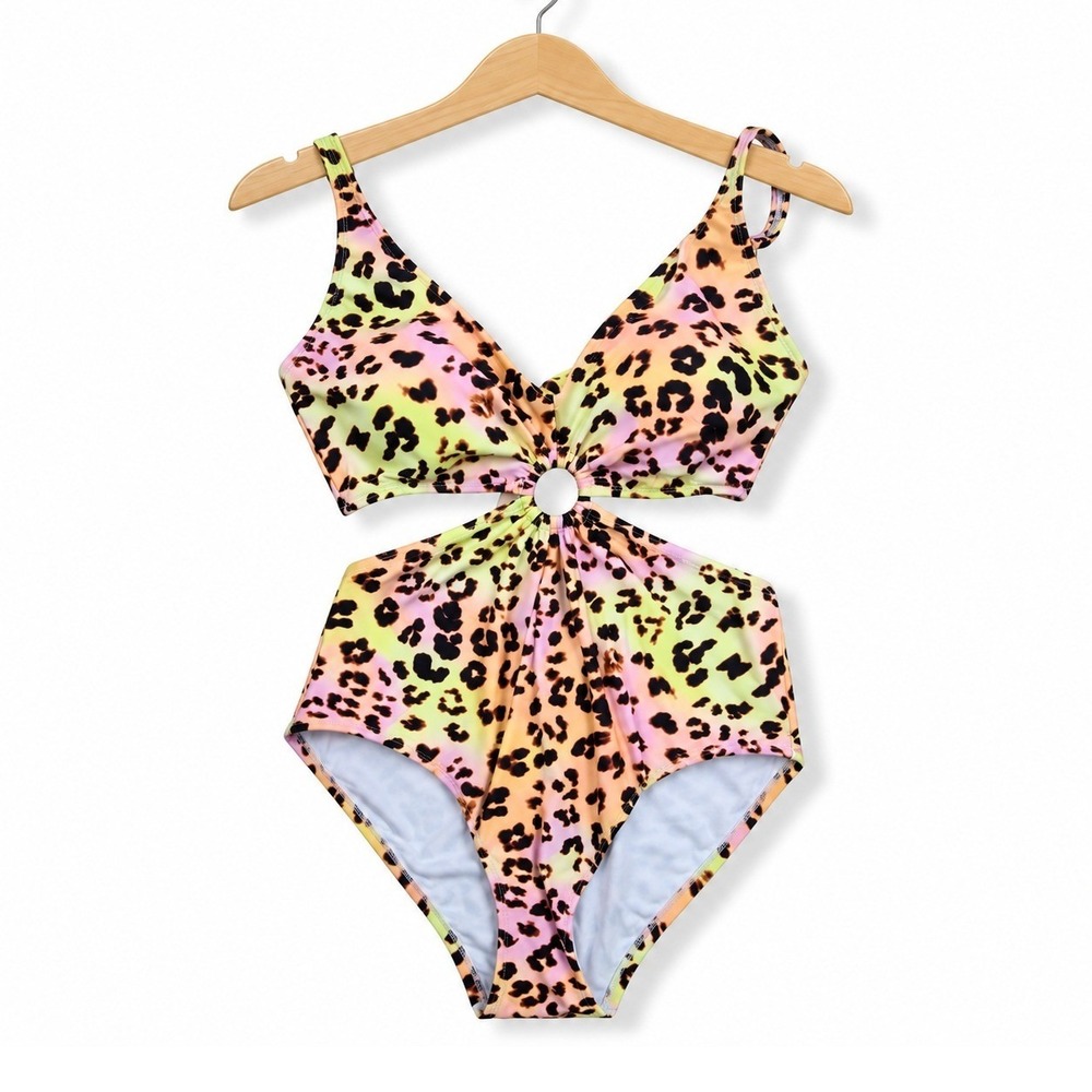 Bar III One Piece Swimsuit Women Medium Multi Leopard Print Cutout Monokini